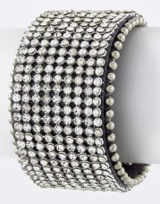 Fashion Jewelry - RHINESTONE STUDDED LEATHER CUFF - By Fashion Destination | Free Shipping (Black/Clear)