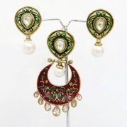 Ethnic Gold Tone Maroon Green Enamel Party Wear Pendant Erring Set Indian Jewelry Gift