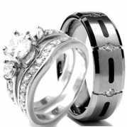 Wedding rings set His and Hers TITANIUM & STAINLESS STEEL Engagement Bridal Rings set (Size Men's 11 Women's 9)