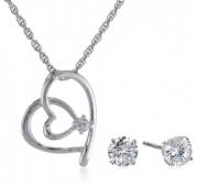 Sterling Silver Cubic Zirconia Loop Heart Pendant Necklace and Earrings Jewelry Set