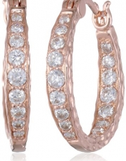 Rose Gold Plated Sterling Silver Simulated Diamond Hammered Hoop Earrings (0.82 Diameter)