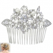 Bridal Silver-Tone Teardrop Leaf Simulated Pearl Clear Austrian Crystals Hair Comb