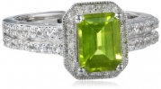 Sterling Silver Octagon Peridot and Round Created White Sapphire White Diamond Ring, Size 7