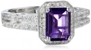 Sterling Silver Octagon Amethyst and Round Created White Sapphire White Diamond Ring, Size 7