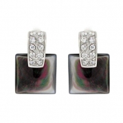 Square Dangle Earrings - Black Mother of Pearl & White CZs. .925 Sterling Silver