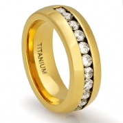 8MM Men's Titanium 18K Gold Plated Ring Wedding Band with Channel Set CZ Simulated Diamonds [Size 7]