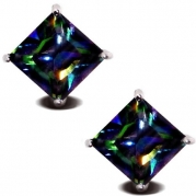 Rainbow Peacock Topaz Square Princess Cut CZ Basket Set Silver Men Unisex Stud Earrings 10mm 6ctw