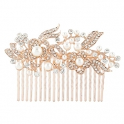 EVER FAITH Bridal Flower Cream Simulated Pearl Clear Austrian Crystal Hair Comb Rose Gold-Tone 20 Teeth N00414-4