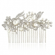 EVER FAITH Bridal Flower Cream Simulated Pearl Clear Austrian Crystal Hair Comb Silver-Tone 20 Teeth N00414-1