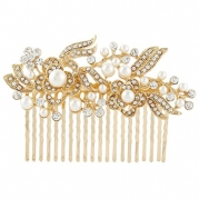 EVER FAITH Bridal Flower Cream Simulated Pearl Clear Austrian Crystal Hair Comb Gold-Tone 20 Teeth N00414-3