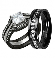 His Hers 4 Pc Black Stainless Steel Titanium Wedding Engagement Ring Band Set MA