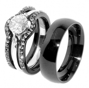 His & Hers 4 PCS Black IP Stainless Steel Engagement Ring Set/Mens Matching Band