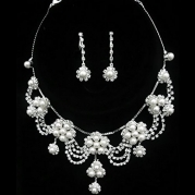 Silver Rhinestone Crystal Pearl Necklace Earrings Jewelry Set For Wedding