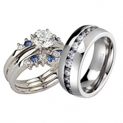 His & Hers Wedding Ring Sets 14/8mm 4 Pcs Titanium 925 Sterling Silver Round Cubic Zirconia BP