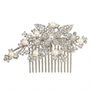 EVER FAITH Silver-Tone Bridal Orchid Leaf Simulated Pearl Hair Comb Clear Austrian Crystal N01316-1