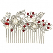 EVER FAITH Bridal Flower Cream Simulated Pearl Austrian Crystal Hair Comb Red Silver-Tone N05946-3