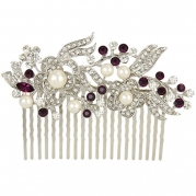 EVER FAITH Bridal Flower Cream Simulated Pearl Austrian Crystal Hair Comb Purple Silver-Tone N05946-2