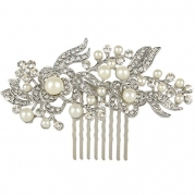 EVER FAITH Bridal Flower Cream Simulated Pearl Austrian Crystal Hair Comb Clear Silver-Tone N00414-2