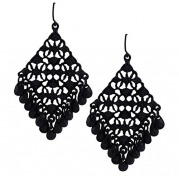 Black Tone Hoop Tassel Sequins Filigree Tiered Chandelier Earrings