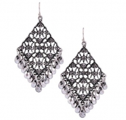 Silver Tone Hoop Tassel Sequins Filigree Tiered Chandelier Earrings