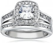 Sterling Silver Cubic Zirconia Cushion-Cut Halo Channel-Set Wedding Ring Set (1.47 cttw), Size 7