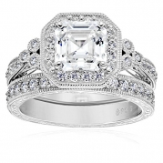 Platinum-Plated Sterling Silver Swarovski Zirconia Asscher Cut Antique Ring Set, Size 6